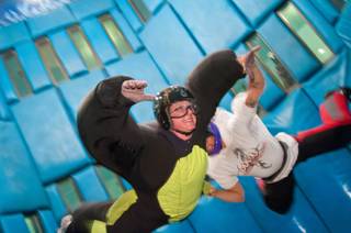 Kristy Napoli, English teacher at West Prep at West Hall, floats weightlessly at Vegas Indoor Skydiving, May 24, 2012. CCSD congratulated the accomplishments of Five Star ranked high schools by sending their principals to Vegas Indoor Skydiving,